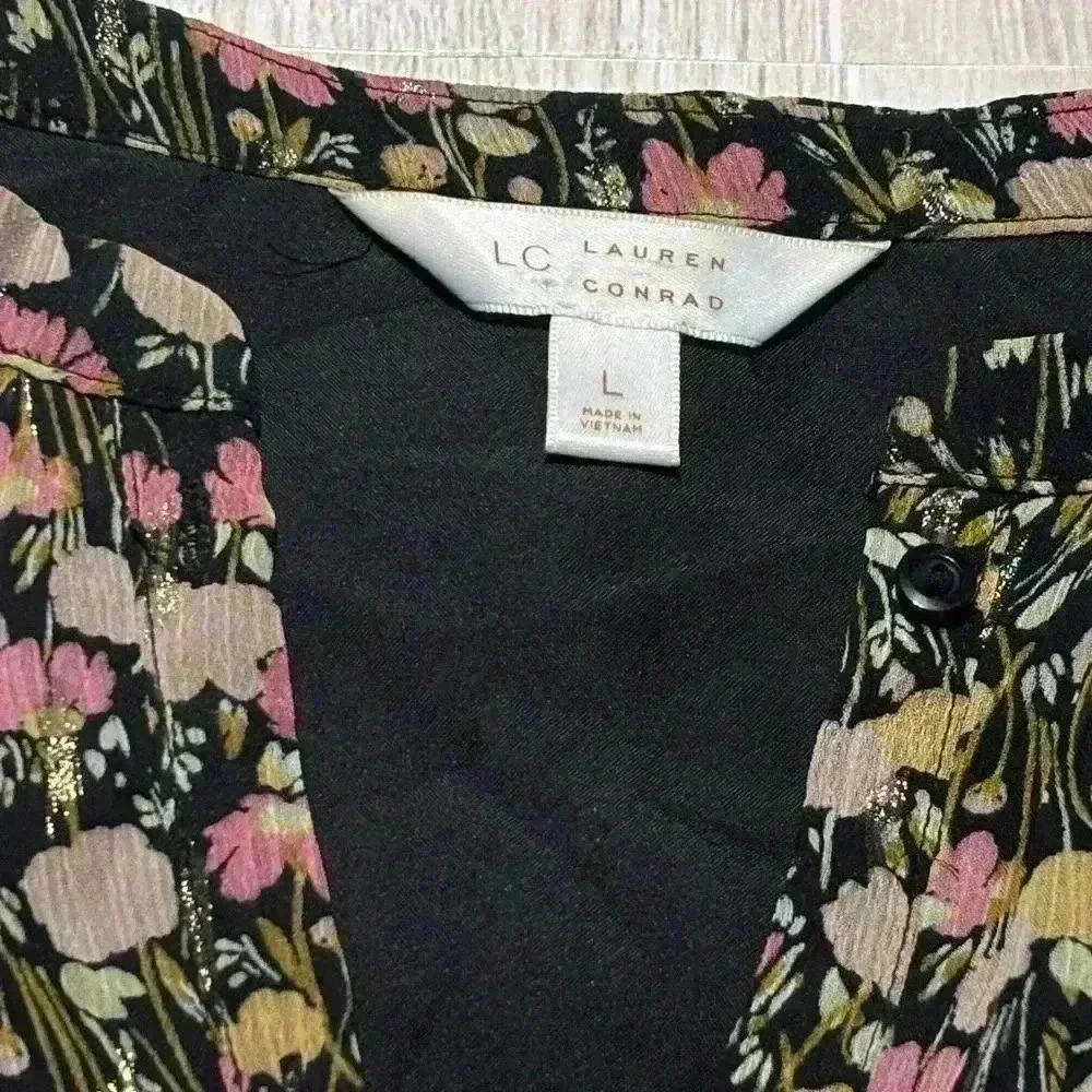 Lauren Conrad Women’s Black And Pink Floral Wrap Dress With Ruffle Detail Large - Picture 3 of 7